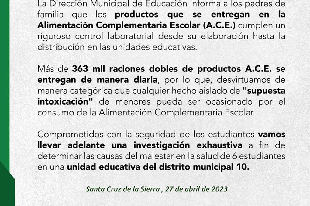 Comunicado de la Alcaldía cruceña 