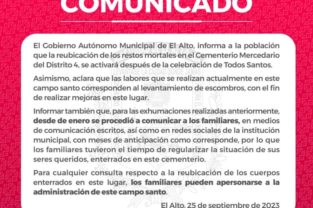 Comunicado de la Alcaldía de El Alto.