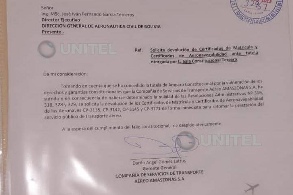 La carta enviada por Amaszonas