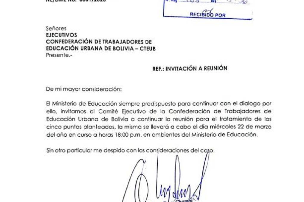 La carta que envió el ministro Pary a los maestros urbanos.