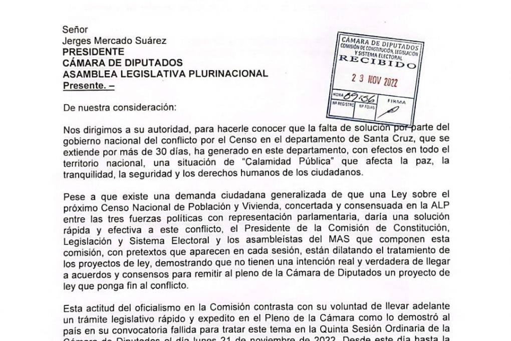 La carta que envió Comunidad Ciudadana (CC) al presidente de Diputados, Jerges Mercado.