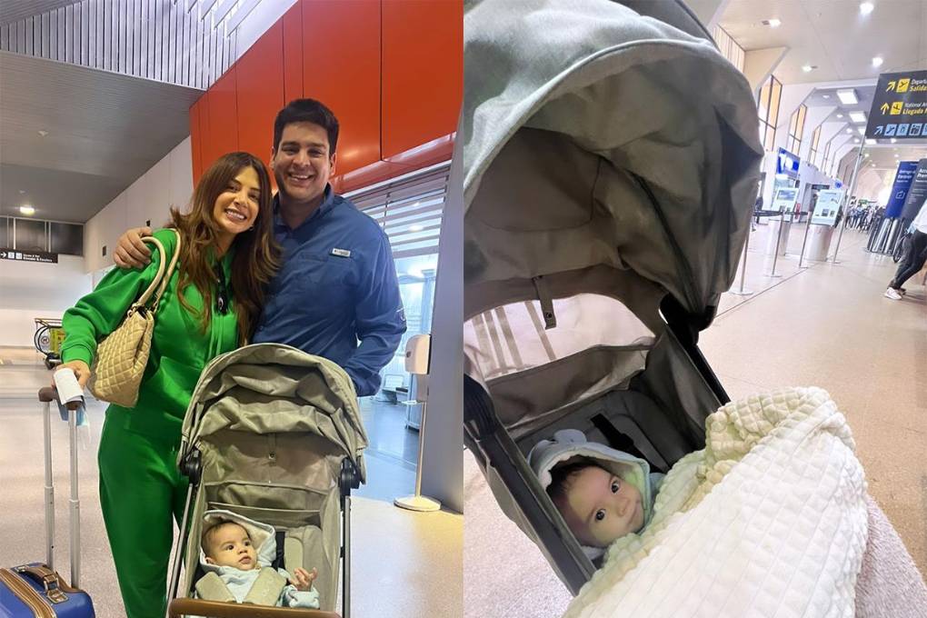Anabel Angus en el primer viaje al extranjero con su bebé Santiago