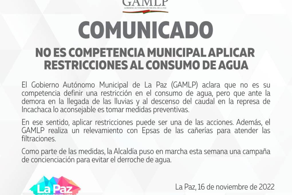 El comunicado de la Alcaldía de La Paz sobre el uso del agua. 