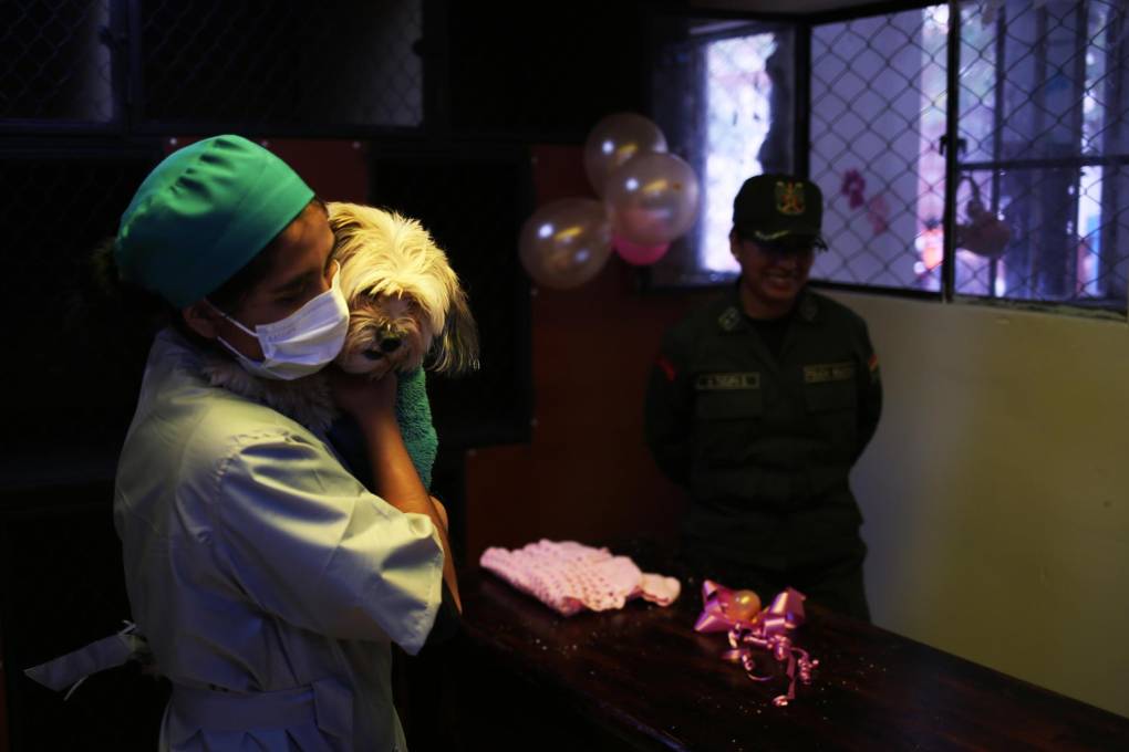 Una interna del centro penitenciario de mujeres sostiene a un perro en una peluquería canina en dependencias del Centro de Orientación Femenina de Obrajes de La Paz, Bolivia.