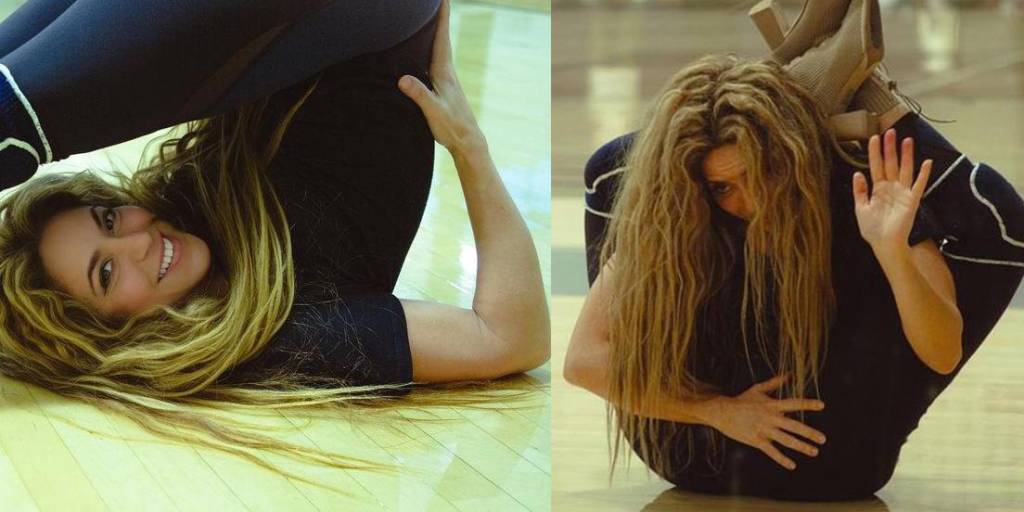 Shakira demuestra su elasticidad durante la preparación de un show.