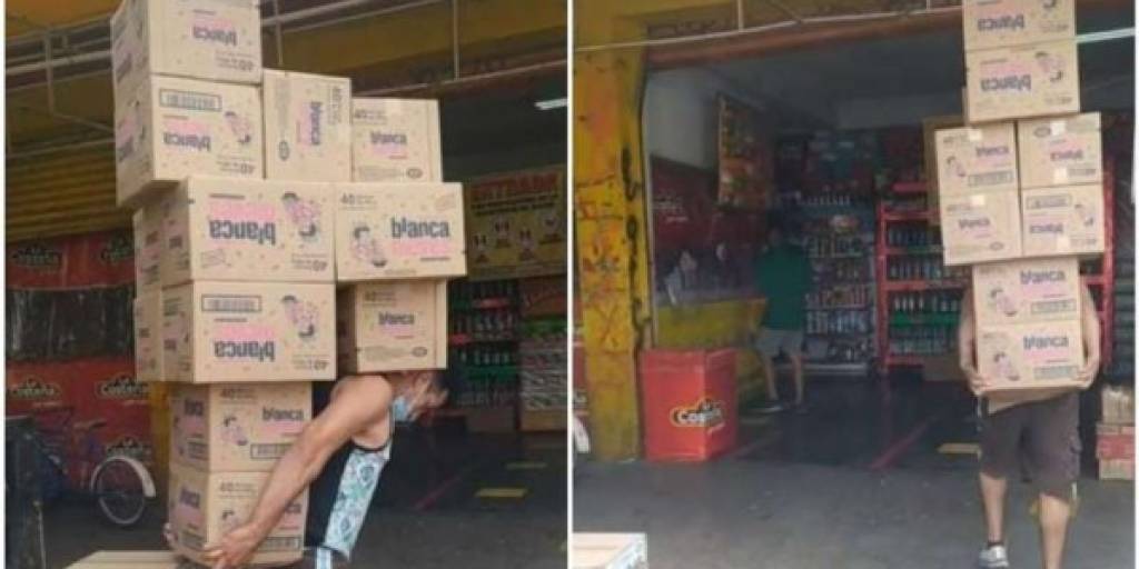 Sin faja! un cargador baja varias cajas pesadas y se vuelve viral en TikTok