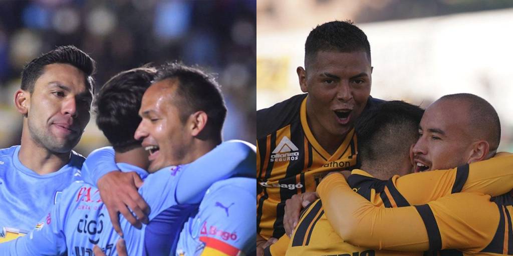 Los jugadores de Bolívar y The Strongest celebran goles en anteriores duelos.