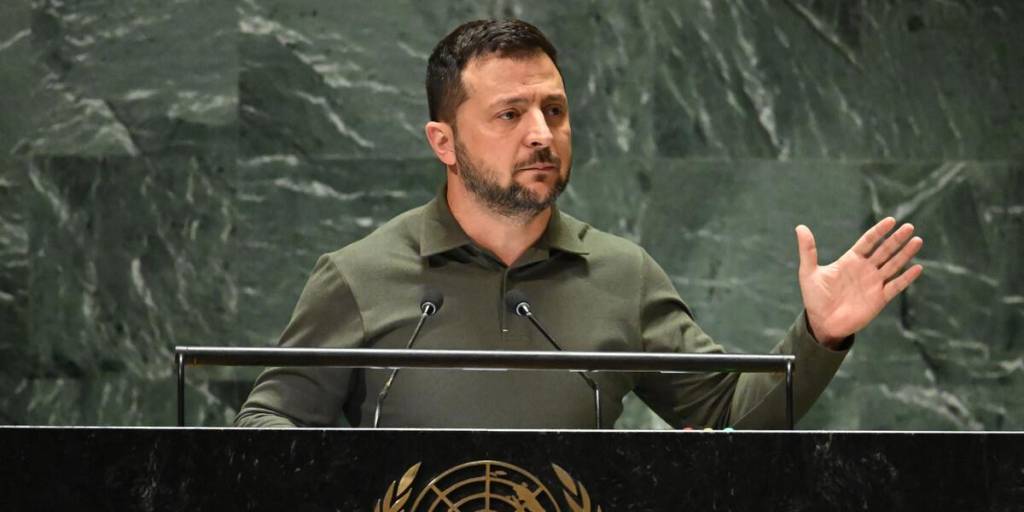 El presidente ucraniano, Volodymyr Zelensky, se dirige a la 78.ª Asamblea General de las Naciones Unidas en la sede de la ONU el 19 de septiembre de 2023.