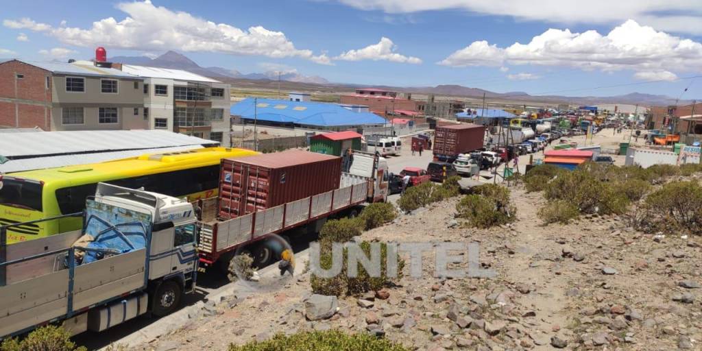 La fila de camiones que se forma en la frontera con Chile.