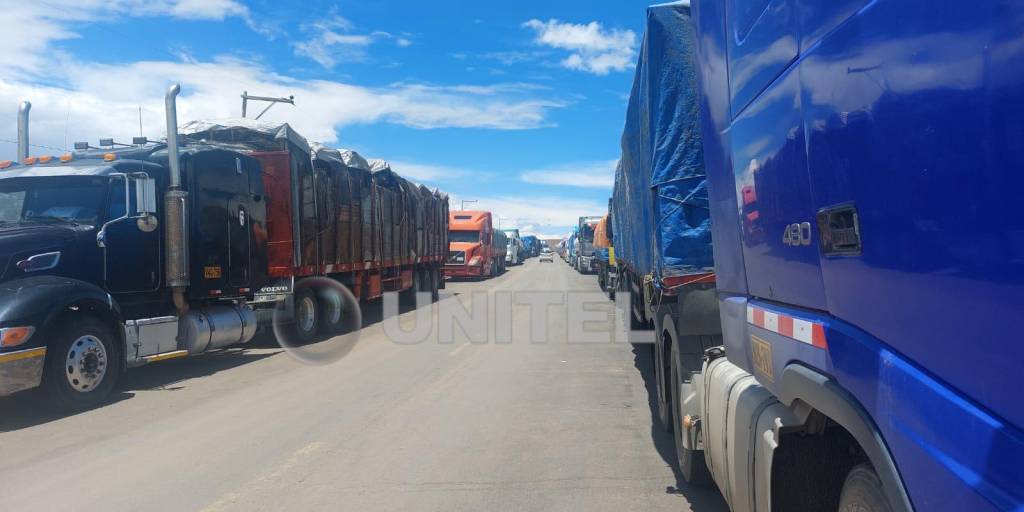 Los camiones parados en la localidad Desaguadero.