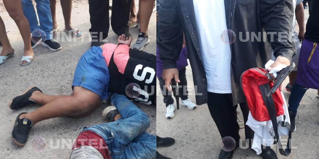 Img. izquierda, los delincuentes capturados. Img.derecha, una persona muestra las armas que les quitaron