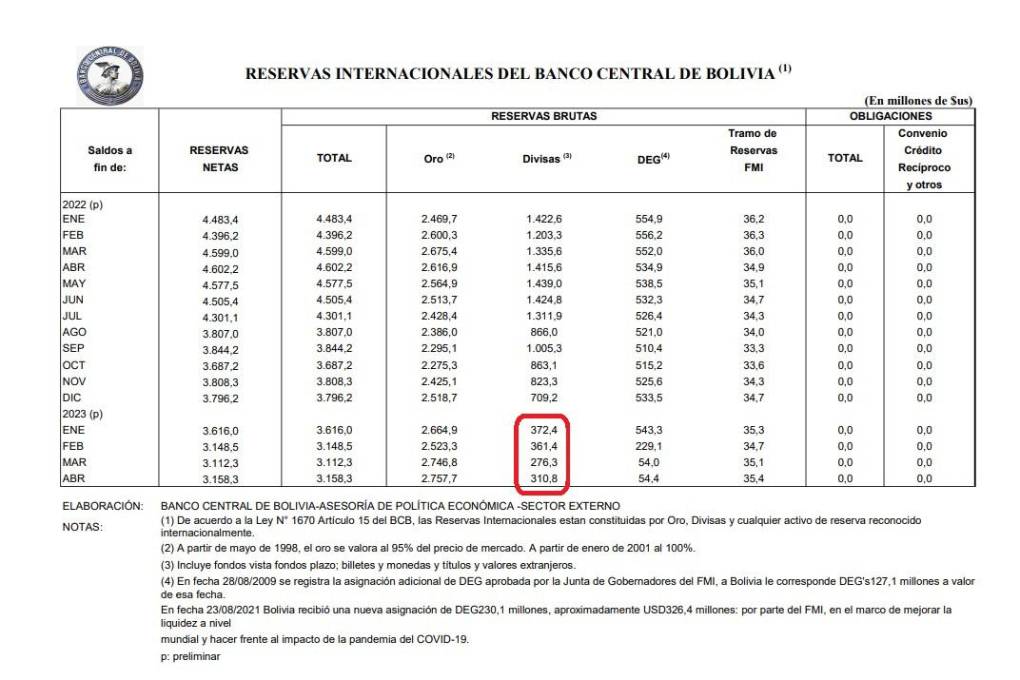 El último reporte de las RIN publicado por el BCB la semana pasada.