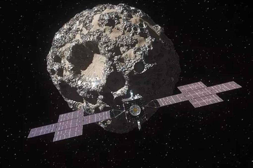 Animación de la sonda acercándose al asteroide Psyche 16