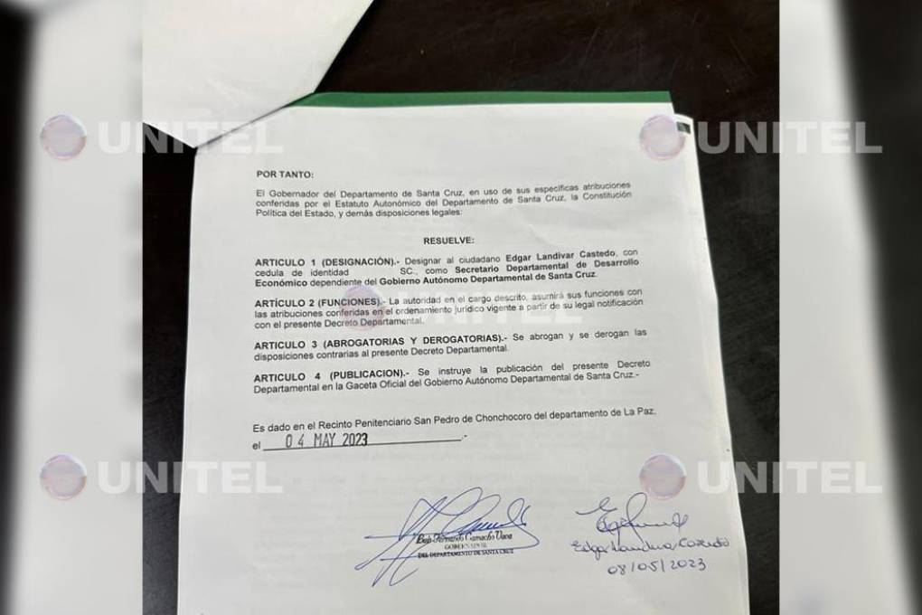 Decreto Departamental firmado por el gobernador Camacho