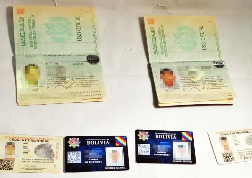 Las credenciales y pasaportes falsificados que presentó la Policía.