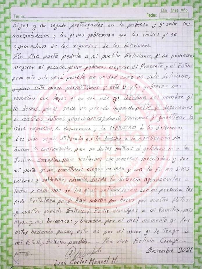 Segunda parte de la carta de Comcipo