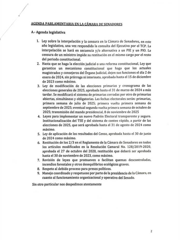 La agenda propuesta por la oposición en el Senado.