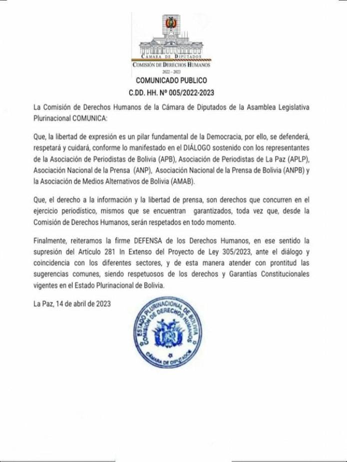 El comunicado de la Comisión de Derechos Humanos.